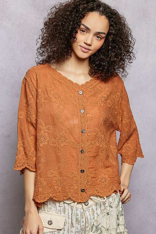 POL Floral Eyelet V - Neck Salloped Shirt - Bitsy Gypsy Boutique