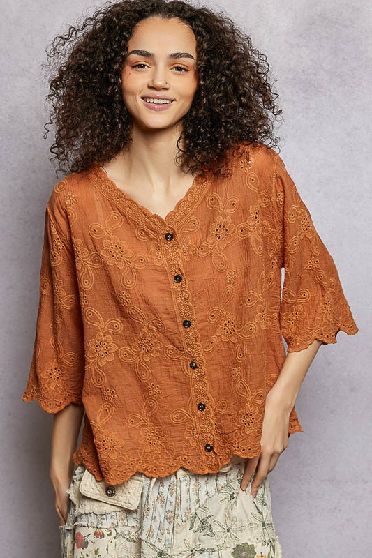 POL Floral Eyelet V - Neck Salloped Shirt - Bitsy Gypsy Boutique