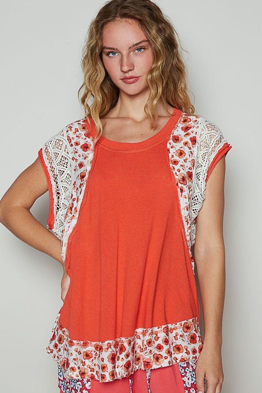 POL Floral Frayed Hem Crochet Cap Sleeve Top - Bitsy Gypsy Boutique