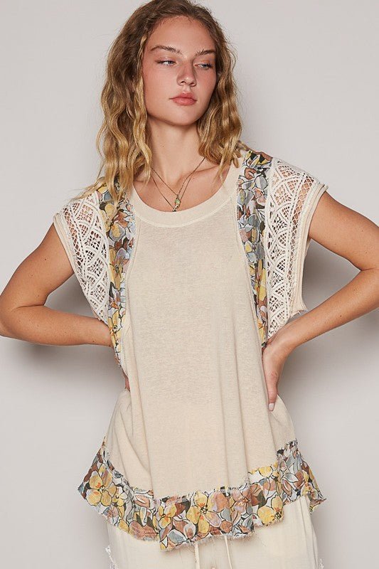 POL Floral Frayed Hem Crochet Cap Sleeve Top - Bitsy Gypsy Boutique