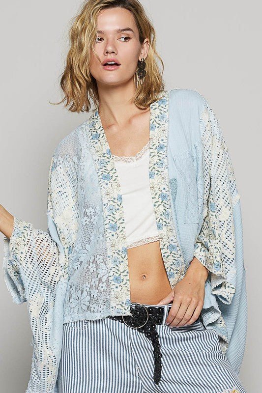 POL Floral Lace Crochet Patch Open Front Double Gauze Cardigan - Bitsy Gypsy Boutique