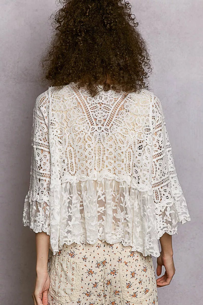 POL Floral Lace Short Sleeve Crochet Cardigan with Tassel Tie - Bitsy Gypsy Boutique