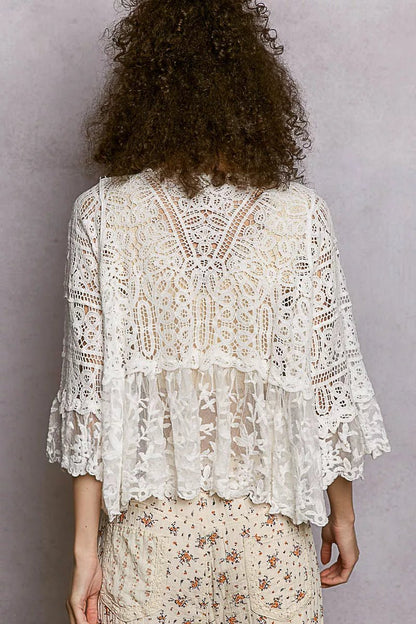 POL Floral Lace Short Sleeve Crochet Cardigan with Tassel Tie - Bitsy Gypsy Boutique
