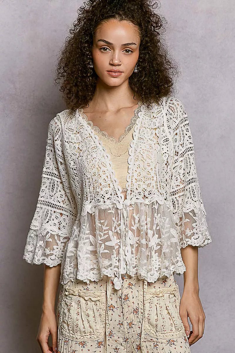 POL Floral Lace Short Sleeve Crochet Cardigan with Tassel Tie - Bitsy Gypsy Boutique