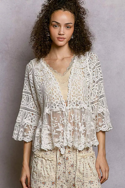 POL Floral Lace Short Sleeve Crochet Cardigan with Tassel Tie - Bitsy Gypsy Boutique