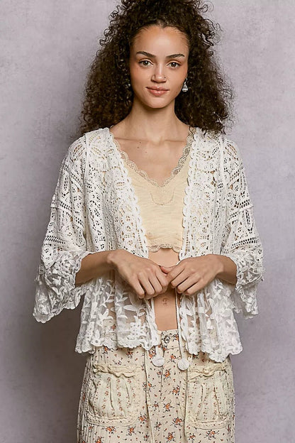 POL Floral Lace Short Sleeve Crochet Cardigan with Tassel Tie - Bitsy Gypsy Boutique