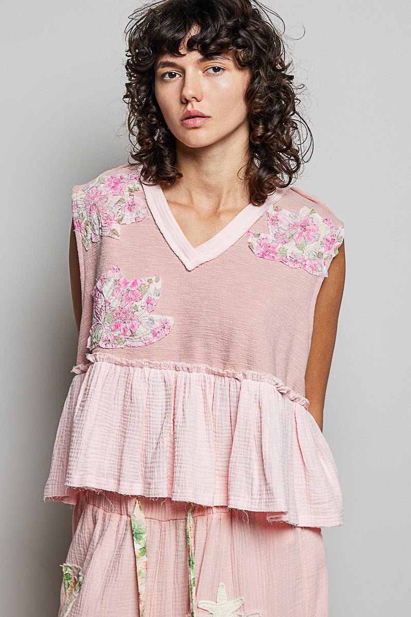 POL Floral Patch Ruffled Sleeveless Top with Raw Edge Detail - Bitsy Gypsy Boutique