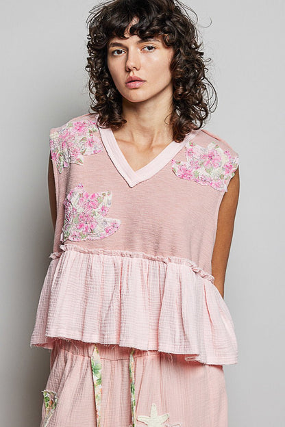 POL Floral Patch Ruffled Sleeveless Top with Raw Edge Detail - Bitsy Gypsy Boutique