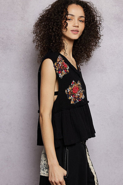 POL Floral Patch Ruffled Sleeveless Top with Raw Edge Detail - Bitsy Gypsy Boutique