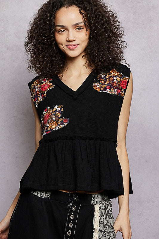 POL Floral Patch Ruffled Sleeveless Top with Raw Edge Detail - Bitsy Gypsy Boutique