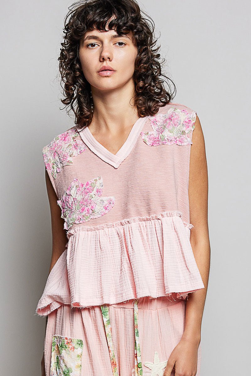 POL Floral Patch Ruffled Sleeveless Top with Raw Edge Detail - Bitsy Gypsy Boutique