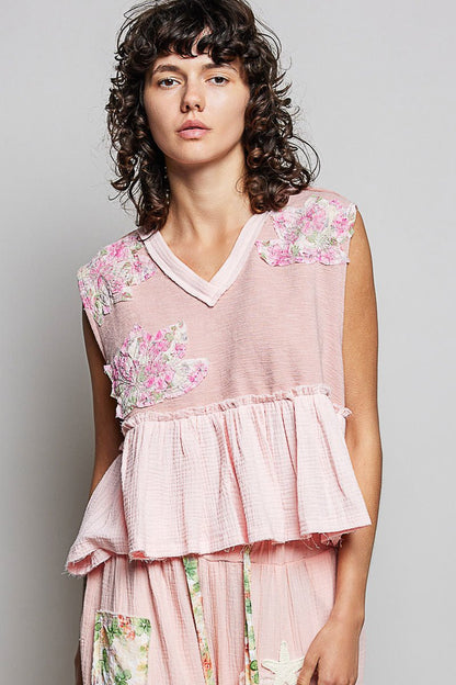 POL Floral Patch Ruffled Sleeveless Top with Raw Edge Detail - Bitsy Gypsy Boutique