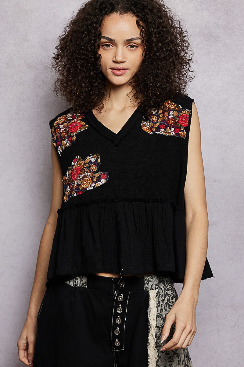 POL Floral Patch Ruffled Sleeveless Top with Raw Edge Detail - Bitsy Gypsy Boutique