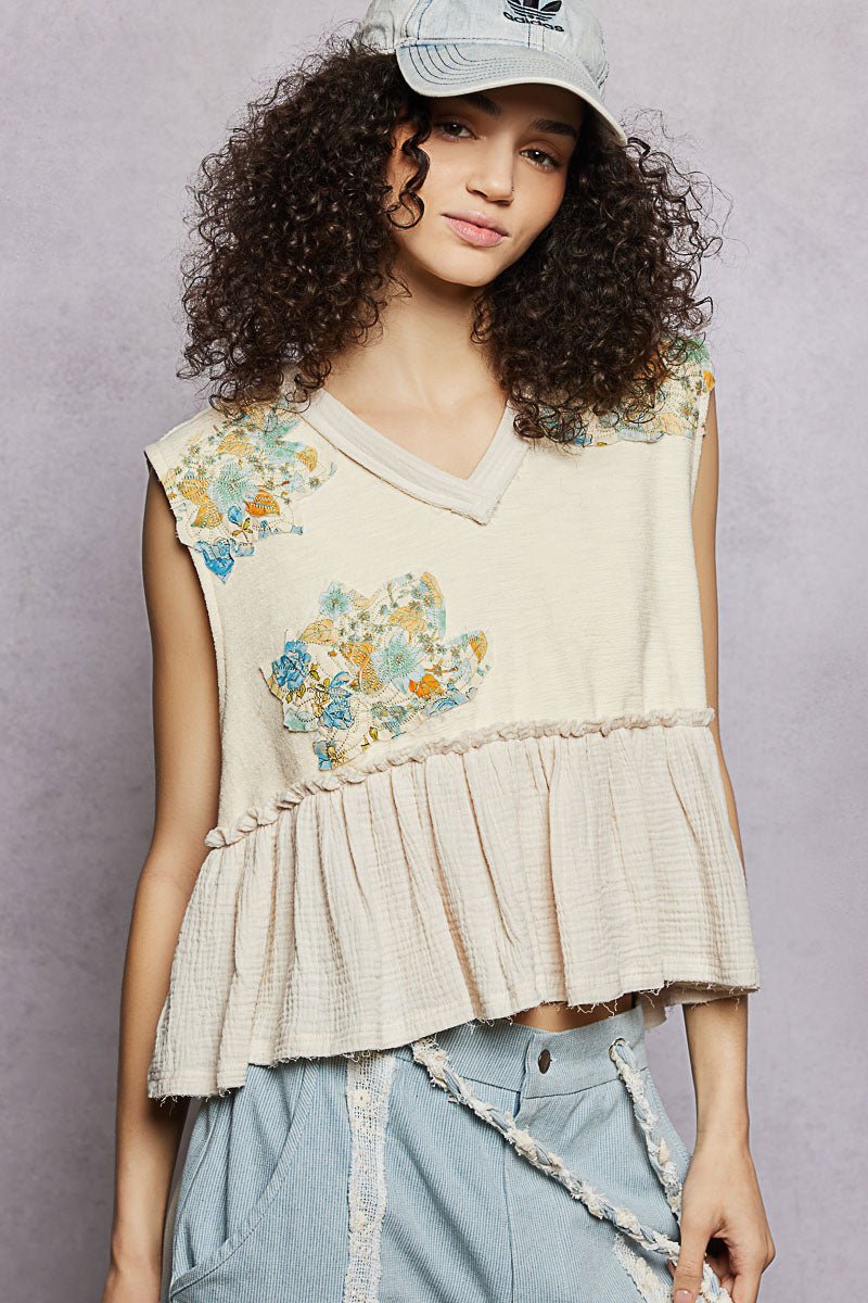 POL Floral Patch Ruffled Sleeveless Top with Raw Edge Detail - Bitsy Gypsy Boutique