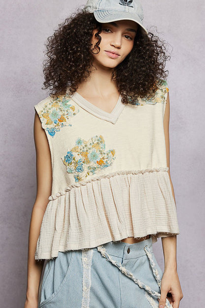 POL Floral Patch Ruffled Sleeveless Top with Raw Edge Detail - Bitsy Gypsy Boutique