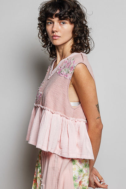 POL Floral Patch Ruffled Sleeveless Top with Raw Edge Detail - Bitsy Gypsy Boutique