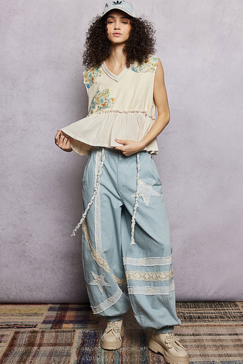 POL Floral Patch Ruffled Sleeveless Top with Raw Edge Detail - Bitsy Gypsy Boutique