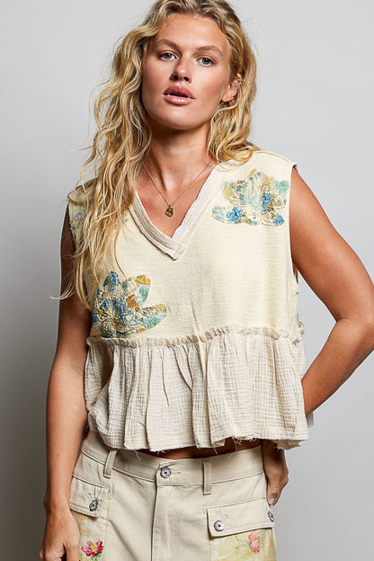 POL Floral Patch Ruffled Sleeveless Top with Raw Edge Detail - Bitsy Gypsy Boutique