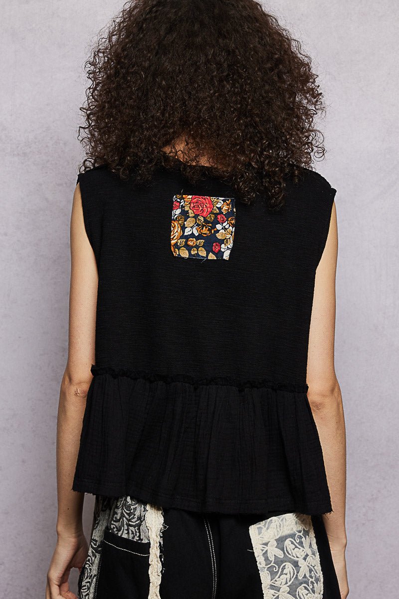 POL Floral Patch Ruffled Sleeveless Top with Raw Edge Detail - Bitsy Gypsy Boutique