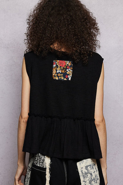 POL Floral Patch Ruffled Sleeveless Top with Raw Edge Detail - Bitsy Gypsy Boutique