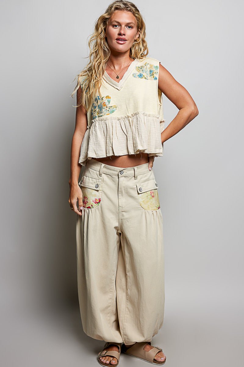 POL Floral Patch Ruffled Sleeveless Top with Raw Edge Detail - Bitsy Gypsy Boutique