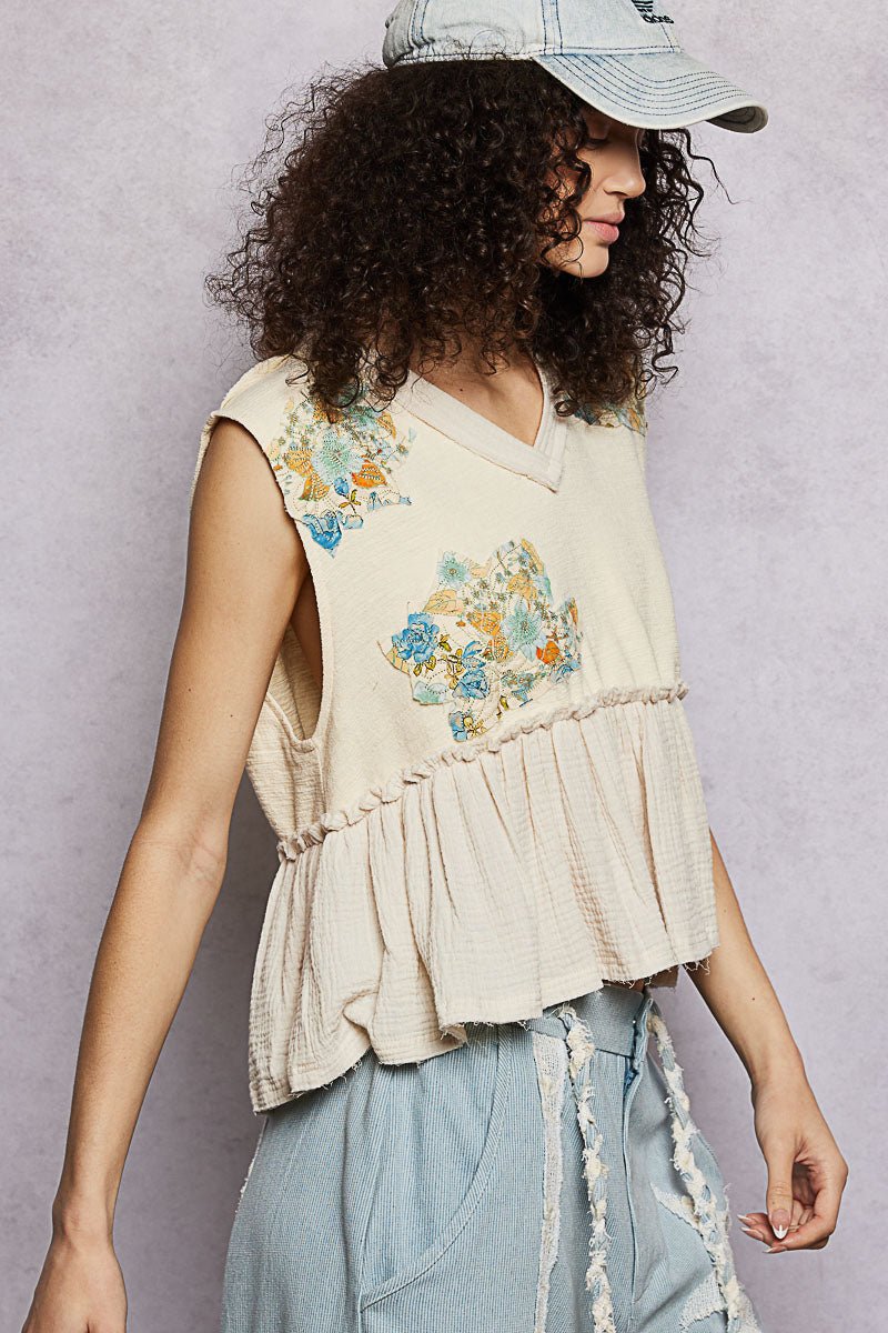POL Floral Patch Ruffled Sleeveless Top with Raw Edge Detail - Bitsy Gypsy Boutique
