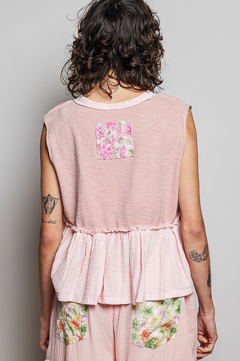 POL Floral Patch Ruffled Sleeveless Top with Raw Edge Detail - Bitsy Gypsy Boutique