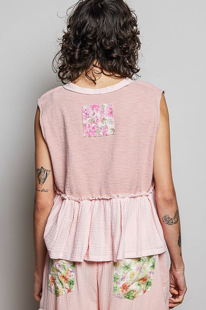 POL Floral Patch Ruffled Sleeveless Top with Raw Edge Detail - Bitsy Gypsy Boutique