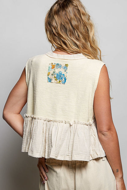POL Floral Patch Ruffled Sleeveless Top with Raw Edge Detail - Bitsy Gypsy Boutique