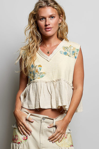 POL Floral Patch Ruffled Sleeveless Top with Raw Edge Detail - Bitsy Gypsy Boutique