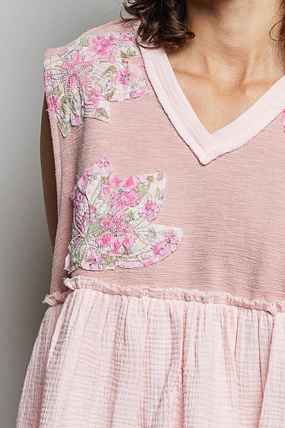 POL Floral Patch Ruffled Sleeveless Top with Raw Edge Detail - Bitsy Gypsy Boutique