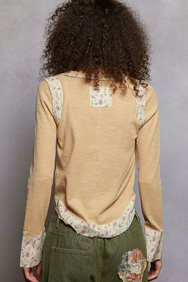 POL Floral Patch V - Neck Long Sleeve Ribbed Top - Bitsy Gypsy Boutique