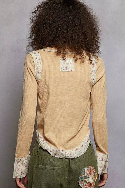 POL Floral Patch V - Neck Long Sleeve Ribbed Top - Bitsy Gypsy Boutique
