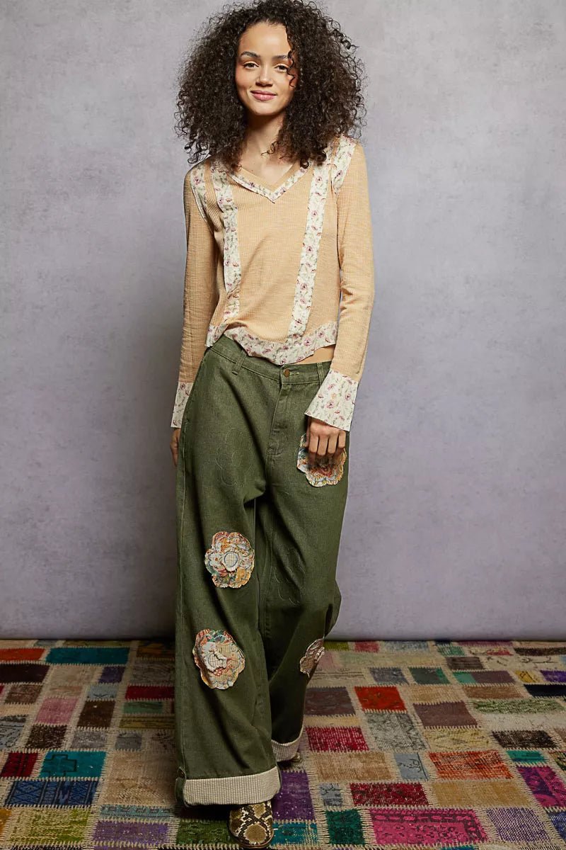 POL Floral Patch V - Neck Long Sleeve Ribbed Top - Bitsy Gypsy Boutique