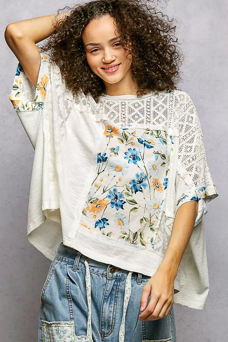 POL Floral Patchwork Lace Accent Blouse - Bitsy Gypsy Boutique
