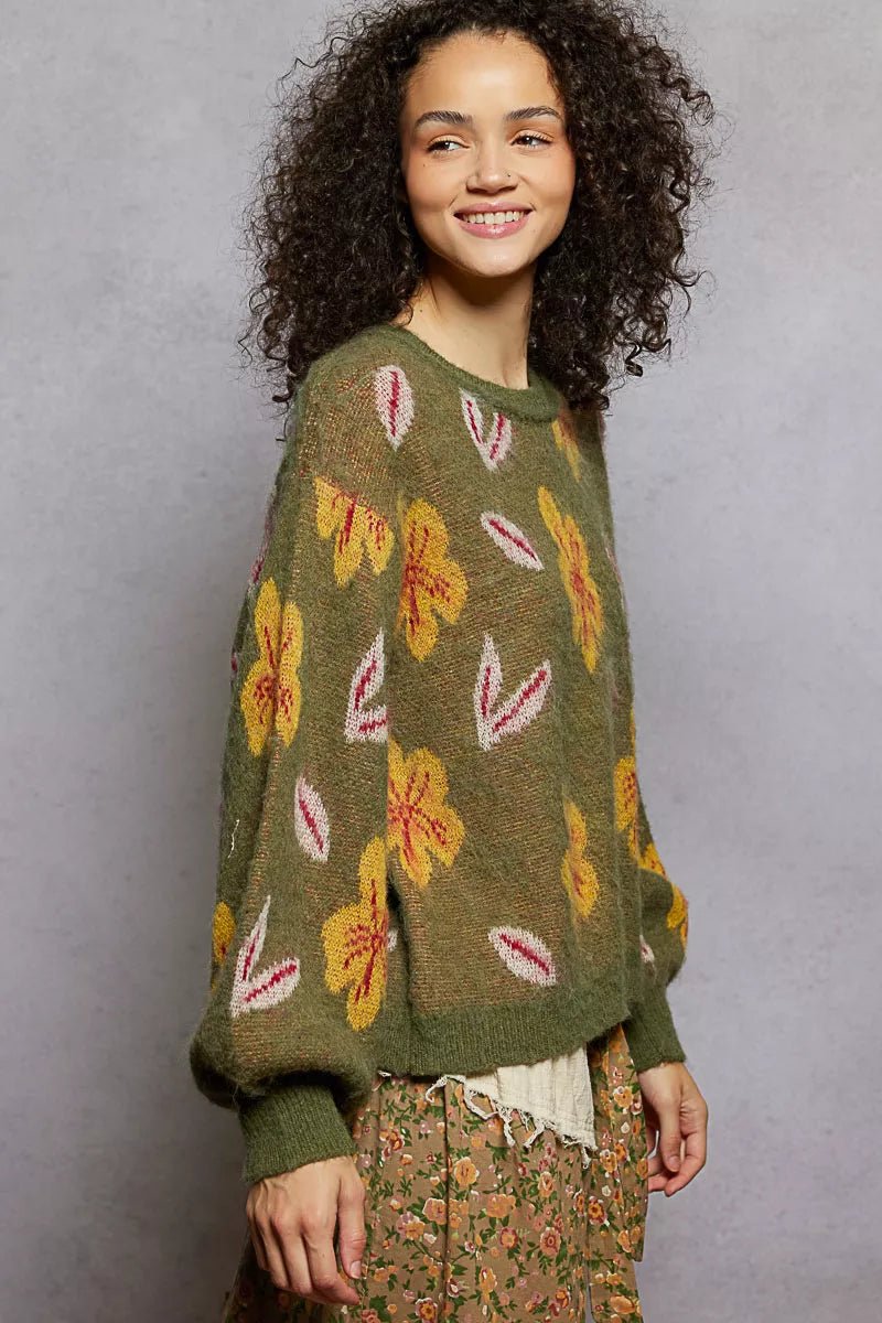 POL Floral Pattern Round Neck Balloon Sleeve Sweater - Bitsy Gypsy Boutique