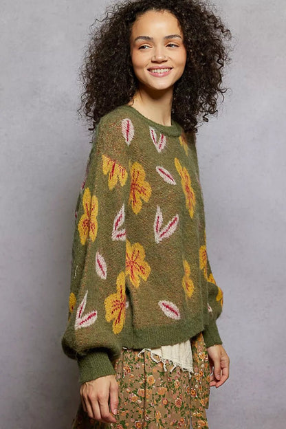 POL Floral Pattern Round Neck Balloon Sleeve Sweater - Bitsy Gypsy Boutique