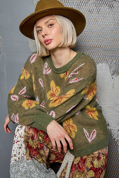 POL Floral Pattern Round Neck Balloon Sleeve Sweater - Bitsy Gypsy Boutique