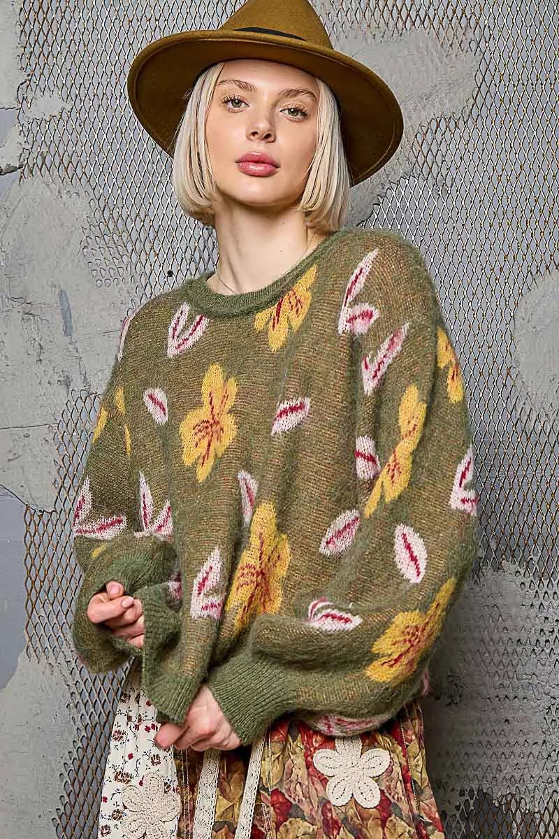POL Floral Pattern Round Neck Balloon Sleeve Sweater - Bitsy Gypsy Boutique