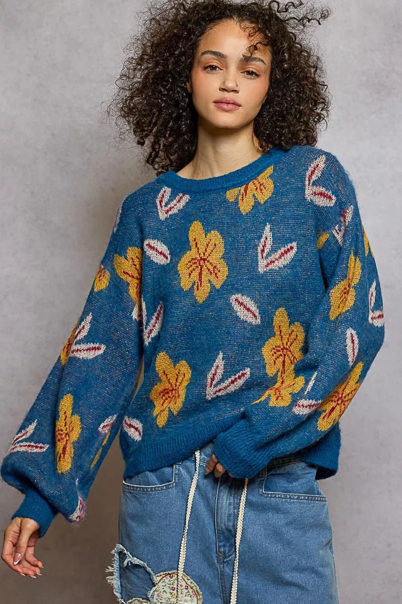 POL Floral Pattern Round Neck Balloon Sleeve Sweater - Bitsy Gypsy Boutique