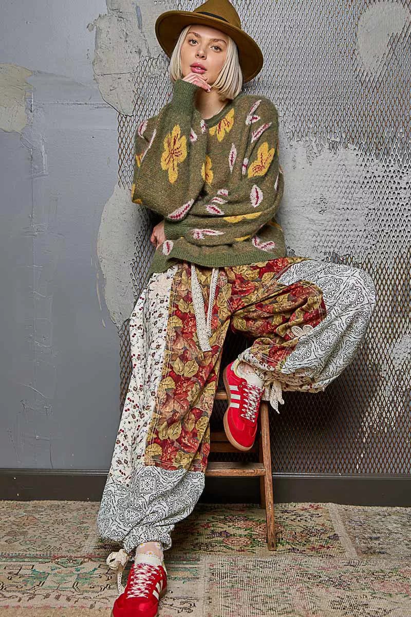 POL Floral Pattern Round Neck Balloon Sleeve Sweater - Bitsy Gypsy Boutique