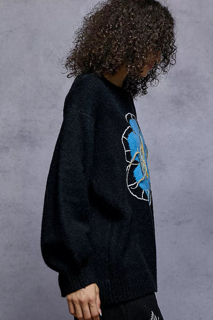 POL Floral Pattern Round Neck Sweater with Exposed Stitching - Bitsy Gypsy Boutique