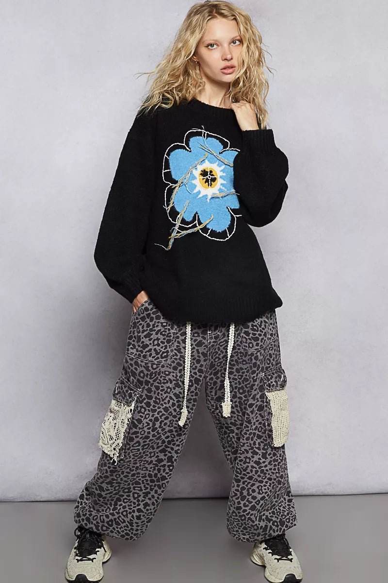 POL Floral Pattern Round Neck Sweater with Exposed Stitching - Bitsy Gypsy Boutique