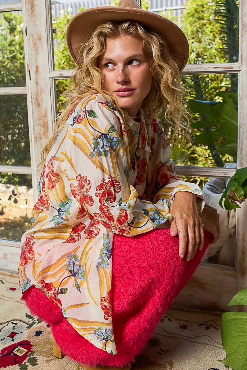 POL Floral Print Button Down Long Sleeve Shirt - Bitsy Gypsy Boutique