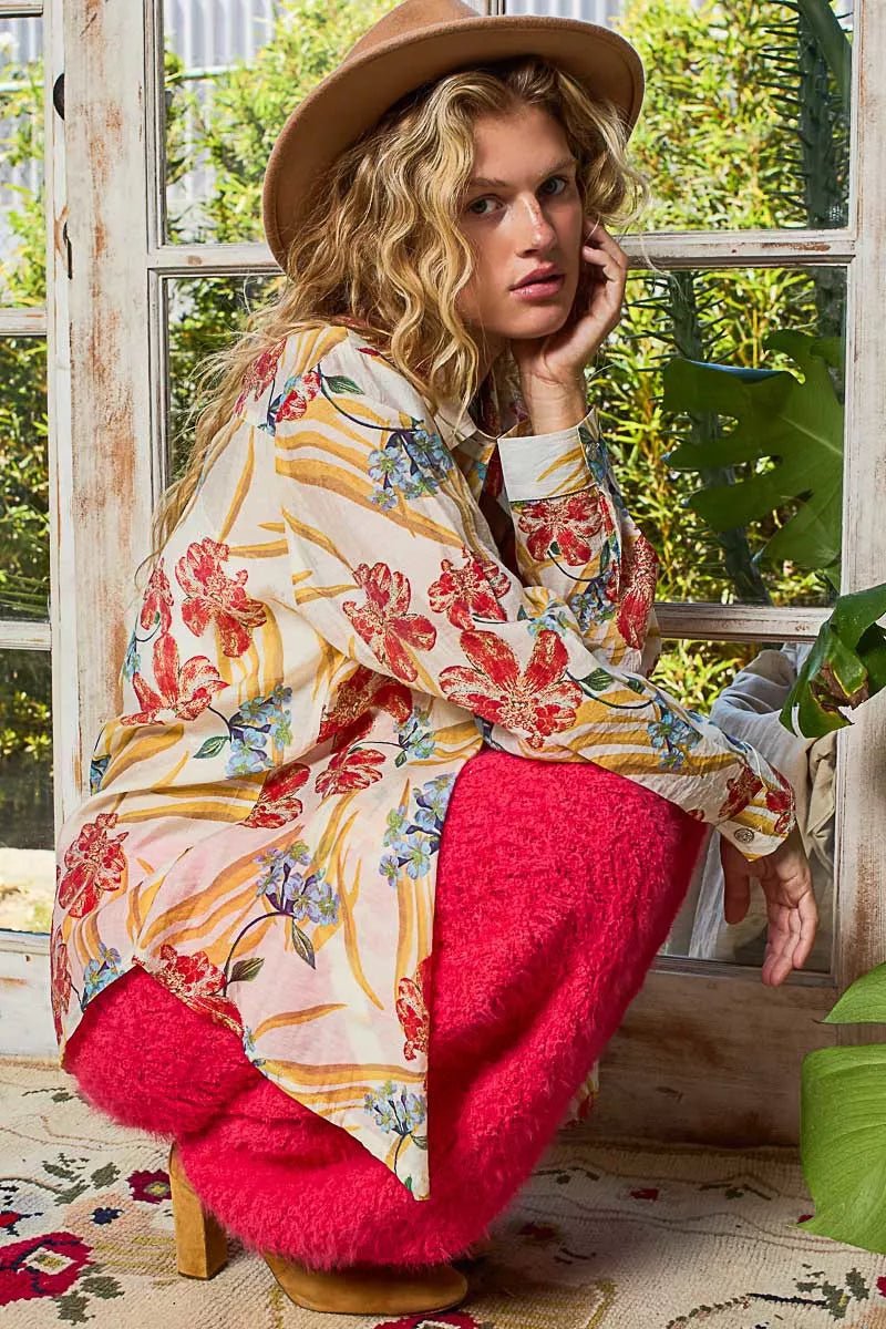 POL Floral Print Button Down Long Sleeve Shirt - Bitsy Gypsy Boutique