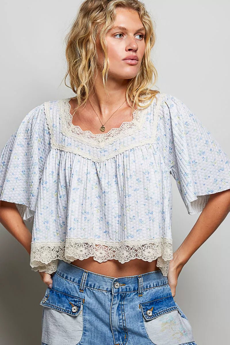 POL Floral Print Lace Trim Blouse - Bitsy Gypsy Boutique