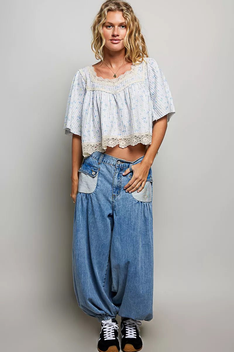 POL Floral Print Lace Trim Blouse - Bitsy Gypsy Boutique