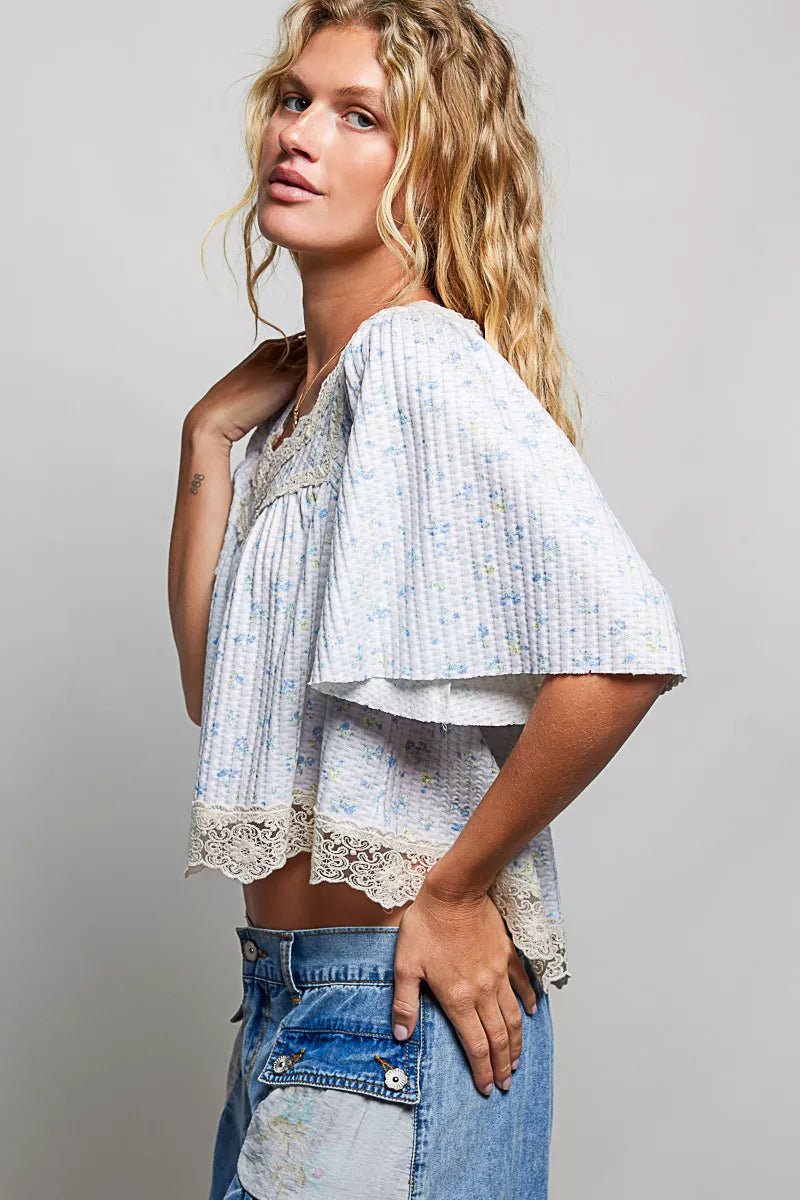 POL Floral Print Lace Trim Blouse - Bitsy Gypsy Boutique