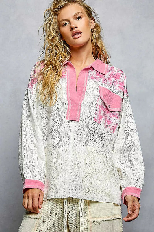 POL Floral Print Long Sleeve Lace Shirt with Front Pocket - Bitsy Gypsy Boutique