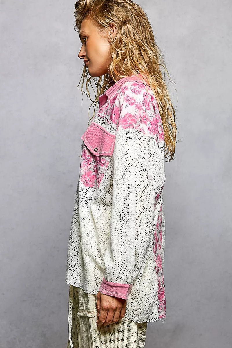 POL Floral Print Long Sleeve Lace Shirt with Front Pocket - Bitsy Gypsy Boutique
